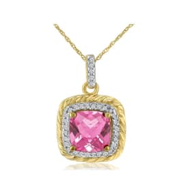 Rope Design Pink Topaz and Diamond Pendant in 14k Yellow Gold