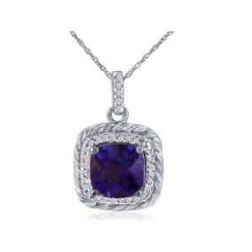 Rope Design Amethyst and Diamond Pendant in 14k White Gold
