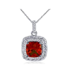 Garnet Necklace: Garnet Jewelry: Rope Design Garnet and Diamond Pendant in 14k White Gold