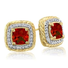  2 3/4 Carat Cushion Shape Garnet and Halo Diamond Earrings In 14K Yellow Gold
