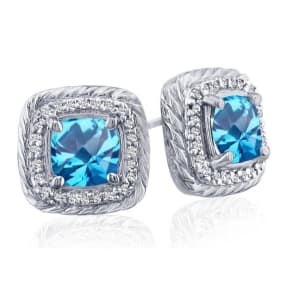  2 3/4 Carat Cushion Shape Blue Topaz and Halo Diamond Earrings In 14K White Gold