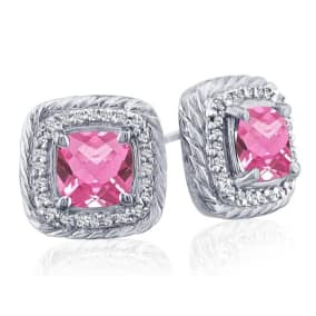  2 3/4 Carat Cushion Shape Pink Topaz and Halo Diamond Earrings In 14K White Gold