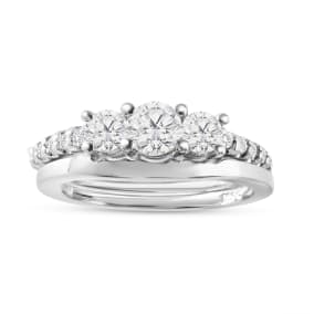 1ct Three Diamond Ring Bridal Set in 14k White Gold, Diamonds on the Band