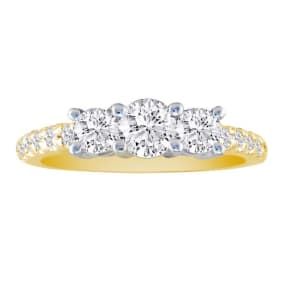 1ct Three Diamond Engagement Ring 14k Yellow Gold, Diamonds on the Band