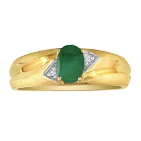 Dual Texture 10k Yellow Gold .86ct Oval Emerald and Diamond Mens Ring