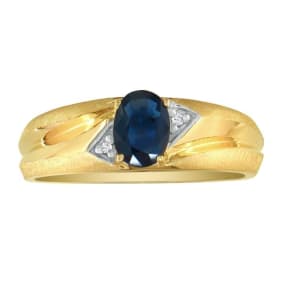 Dual Texture 10k Yellow Gold 1ct Oval Sapphire and Diamond Mens Ring