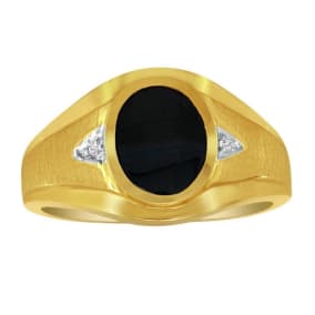 Oval Onyx and Diamond Mens Ring, 10K Yellow Gold