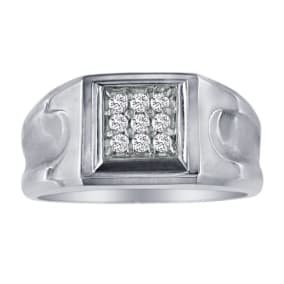 Mens Diamond Rings: 1/5ct 9-Diamond Stylish Mens Ring, 10K White Gold
