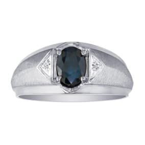 Mens Sapphire and White Diamond Ring in 10k White Gold