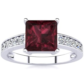 Square Step Cut 1 2/3ct Garnet and Diamond Ring in 14K White Gold