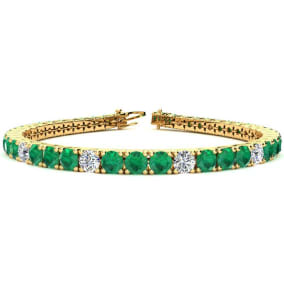 13 1/3 Carat Emerald and Diamond Alternating Tennis Bracelet In 14 Karat Yellow Gold, 8 1/2 Inches