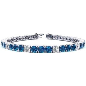 8 1/2 Carat Blue and White Diamond Alternating Tennis Bracelet In 14 Karat White Gold, 6 1/2 Inches