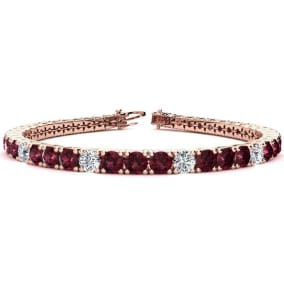 Garnet Bracelet: Garnet Jewelry: 10 1/2 Carat Garnet and Diamond Alternating Tennis Bracelet In 14 Karat Rose Gold, 7 1/2 Inches