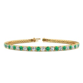 5 Carat Emerald And Diamond Tennis Bracelet In 14 Karat Yellow Gold, 8 1/2 Inches