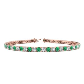 4 Carat Emerald And Diamond Tennis Bracelet In 14 Karat Rose Gold, 6 1/2 Inches