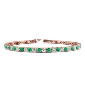 4 1/2 Carat Emerald And Diamond Tennis Bracelet In 14 Karat Rose Gold, 7 1/2 Inches