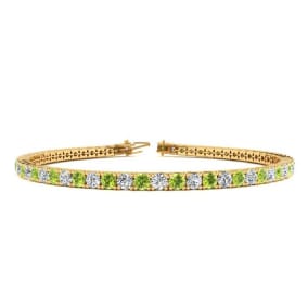 4 1/2 Carat Peridot And Diamond Tennis Bracelet In 14 Karat Yellow Gold, 8 Inches
