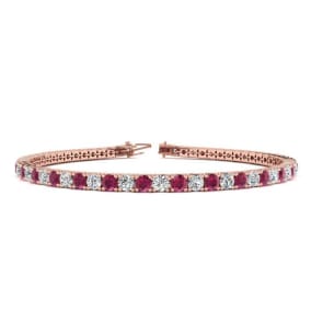 Ruby Bracelet; Ruby Tennis Bracelet; 4 1/4 Carat Ruby And Diamond Tennis Bracelet In 14 Karat Rose Gold