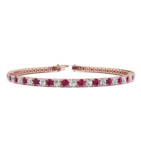 6 Carat Ruby And Diamond Tennis Bracelet In 14 Karat Rose Gold, 9 Inches