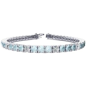 8 1/3 Carat Aquamarine and Diamond Alternating Tennis Bracelet In 14 Karat White Gold Available In 6-9 Inch Lengths