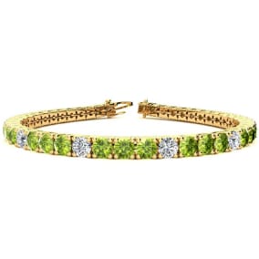 9 3/4 Carat Peridot and Diamond Graduated Tennis Bracelet In 14 Karat Yellow Gold Available In 6-9 Inch Lengths