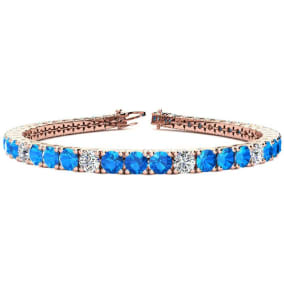 11 2/3 Carat Blue Topaz and Diamond Graduated Tennis Bracelet In 14 Karat Rose Gold Available In 6-9 Inch Lengths