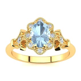 Aquamarine Ring: Aquamarine Jewelry: 1 Carat Oval Shape Aquamarine and Halo Diamond Vintage Ring In 14 Karat Yellow Gold