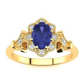 1 Carat Oval Shape Tanzanite and Halo Diamond Vintage Ring In 14 Karat Yellow Gold