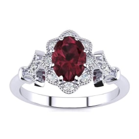 1 Carat Oval Shape Garnet and Halo Diamond Vintage Ring In 14 Karat White Gold
