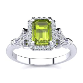 1 1/2 Carat Peridot and Halo Diamond Vintage Ring In 14 Karat White Gold