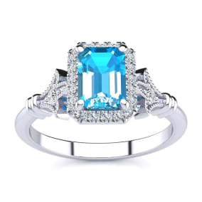1 1/2 Carat Blue Topaz and Halo Diamond Vintage Ring In 14 Karat White Gold