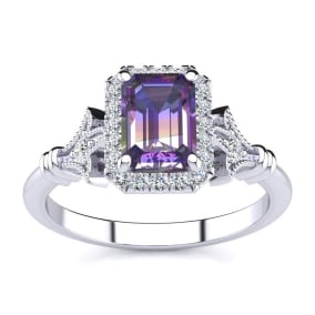 1 Carat Octagon Shape Mystic Topaz Ring With Diamond Halo In 14 Karat White Gold
