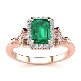 Estate Jewelry 1 Carat Emerald and Halo Diamond Vintage Ring In 14 Karat Rose Gold, Size 6