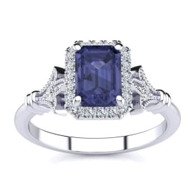 1 1/2 Carat Tanzanite and Halo Diamond Vintage Ring In 14 Karat White Gold