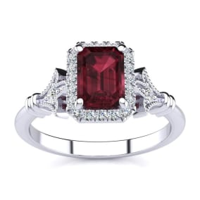 1 1/2 Carat Garnet and Halo Diamond Vintage Ring In 14 Karat White Gold