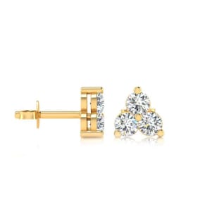 1ct Three Diamond Triangle Stud Earrings In 14K Yellow Gold
