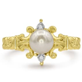 Round Freshwater Cultured Pearl and Diamond Ring In 14 Karat Yellow Gold