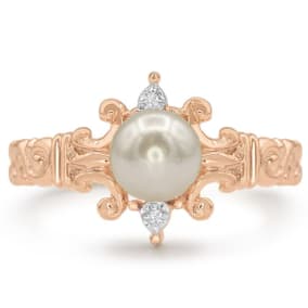 Round Freshwater Cultured Pearl and Diamond Ring In 14 Karat Rose Gold