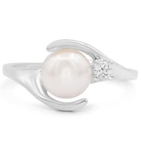 Round Freshwater Cultured Pearl and Diamond Ring In 14 Karat White Gold