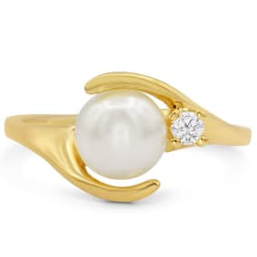 Round Freshwater Cultured Pearl and Diamond Ring In 14 Karat Yellow Gold