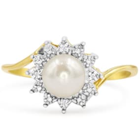 Round Freshwater Cultured Pearl and Halo Diamond Ring In 14 Karat Yellow Gold