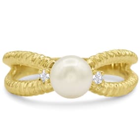 Round Freshwater Cultured Pearl and Diamond Split Shank Ring In 14 Karat Yellow Gold