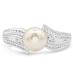Round Freshwater Cultured Pearl and Diamond Vintage Ring In 14 Karat White Gold