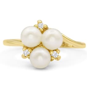 Round Freshwater Cultured Pearl and Diamond Cluster Ring In 14 Karat Yellow Gold