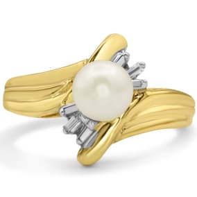 Round Freshwater Cultured Pearl and Baguette Diamond Ring In 14 Karat Yellow Gold