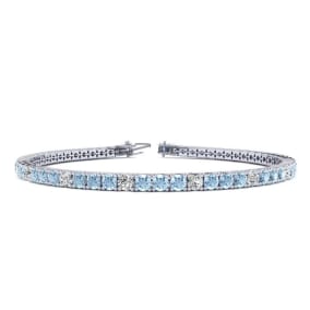 2 1/2 Carat Aquamarine And Diamond Alternating Tennis Bracelet In 14 Karat White Gold, 6 1/2 Inches