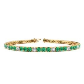 3 Carat Emerald And Diamond Alternating Tennis Bracelet In 14 Karat Yellow Gold, 6 Inches