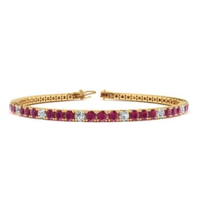 4 1/4 Carat Ruby And Diamond Alternating Tennis Bracelet In 14 Karat Yellow Gold, 7 Inches