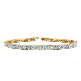 3 Carat Aquamarine And Diamond Tennis Bracelet In 14 Karat Yellow Gold, 8 Inches