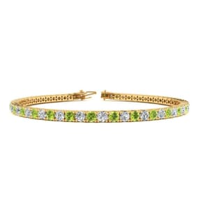 3 2/3 Carat Peridot And Diamond Tennis Bracelet In 14 Karat Yellow Gold, 8 1/2 Inches